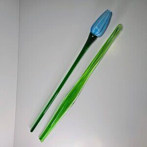Art Glass Hand Blown Flower Blue Long Green Stem Flower With Leaf Stem Read